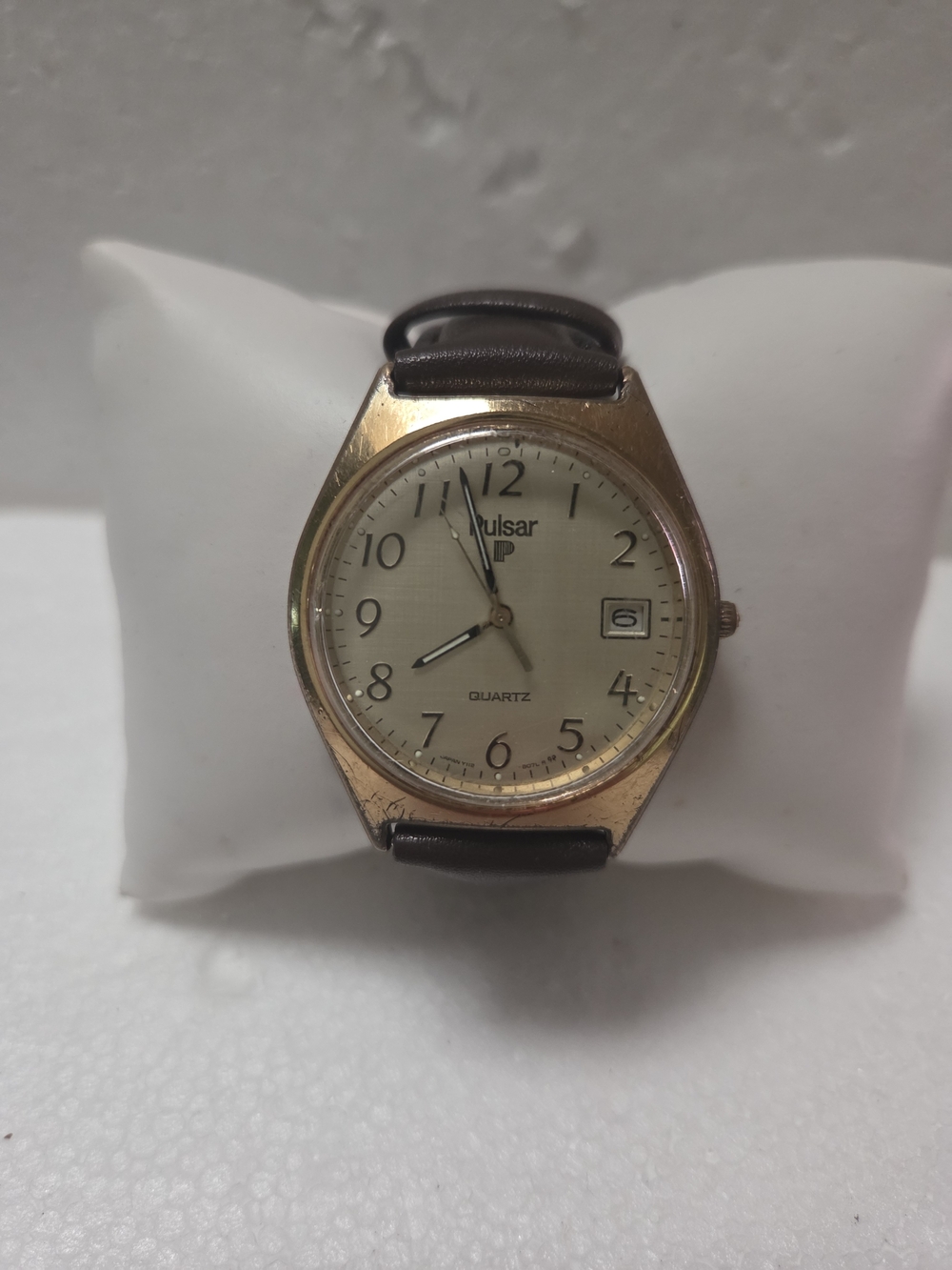 Pulsar By Seiko Gold Tone Quartz Watch with Brown Leather Strap Date